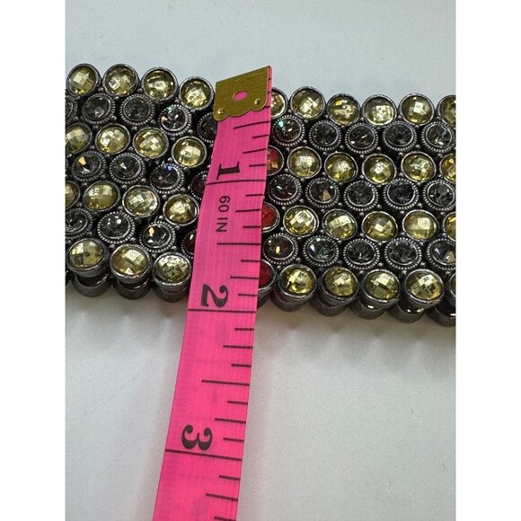 Wide Yellow /Gold / Clear Rhinestone Stretch Bracelet With Metal Base 2 Inches W - Picture 3 of 7